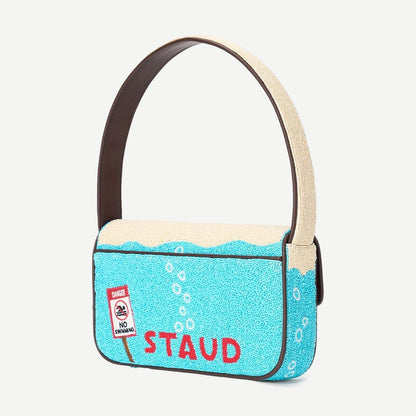 Staud Tommy beaded purse in great white with intricate beaded design, featuring a compact, stylish shape and textured surface.