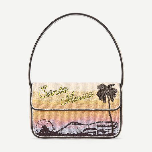 Staud Tommy Beaded Bag in Santa Monica Sunset with beaded detailing and structured purse design.