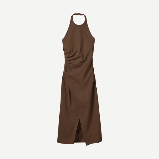 A.L.C. Sylvie Dress in milk chocolate fabric, shown on a hanger with a flowing, elegant design and soft drape.