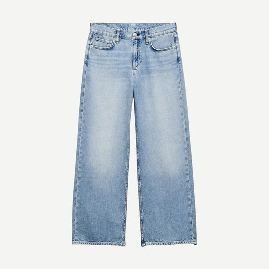Rag and Bone Cam FTWT Ankle Straight denim jeans on model, relaxed fit, light wash, with classic five-pocket design.