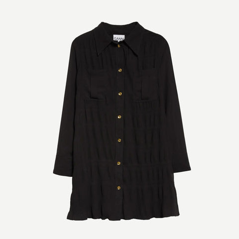 Pleated Georgette Shirt Dress - Black - Galvanic.co