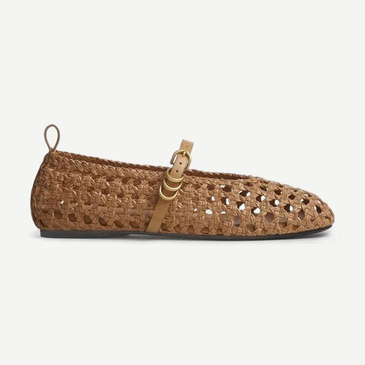 Dark natural woven faux leather Mary Jane shoes by Rag and Bone featuring a classic strap and rounded toe.