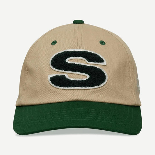 Stussy Chenille S Low Pro Cap in sand color, casual hat with embroidered logo, soft fabric, and structured fit.