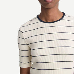 Rib Stripe Elbow Sleeve Crew - Flaxen/Deep Lake - Galvanic.co