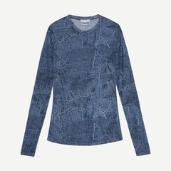 Marl Mesh Long Sleeve Crew Neck Blouse - Denim - Galvanic.co