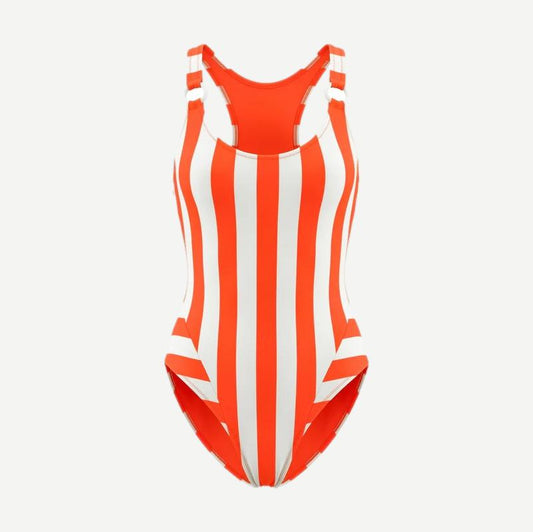 Solid and Striped Araceli Habanero one-piece swimwear with bold orange and white stripe pattern, shown on a model.