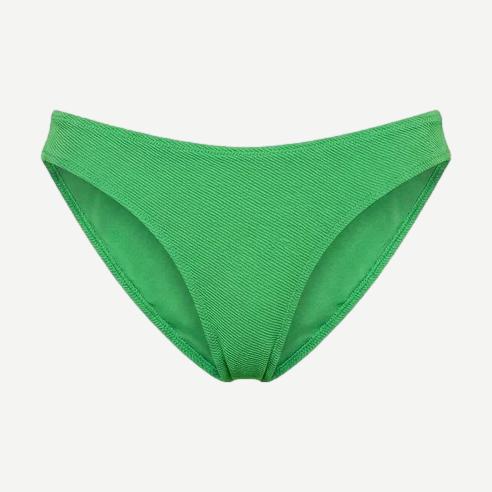 Solid and Striped Eva Bottom swimwear in turtle green, with a close-up of the high-waisted bikini bottom on a model.