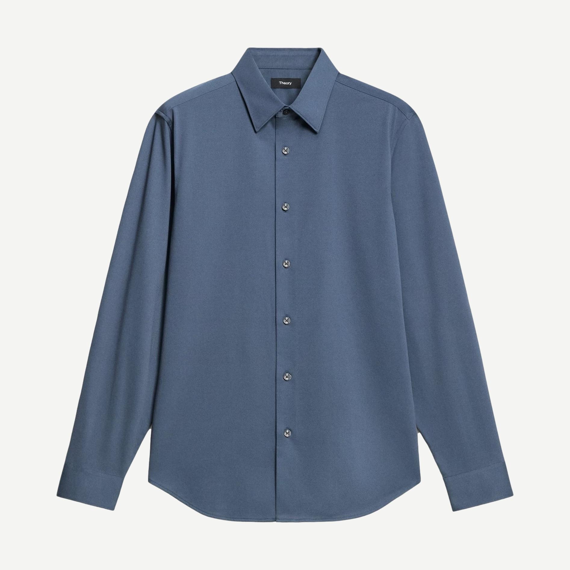 Theory Sylvain Structure Knit shirt in Bering, featuring a textured knit fabric, long sleeves, and a classic fit.
