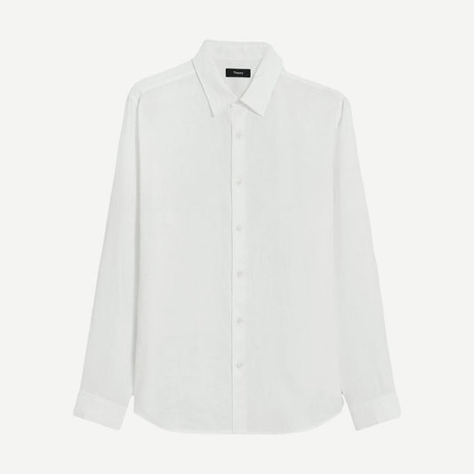 White Irving OE Relaxed Long Sleeve Button-Up shirt by Theory, featuring a classic collar and clean design.