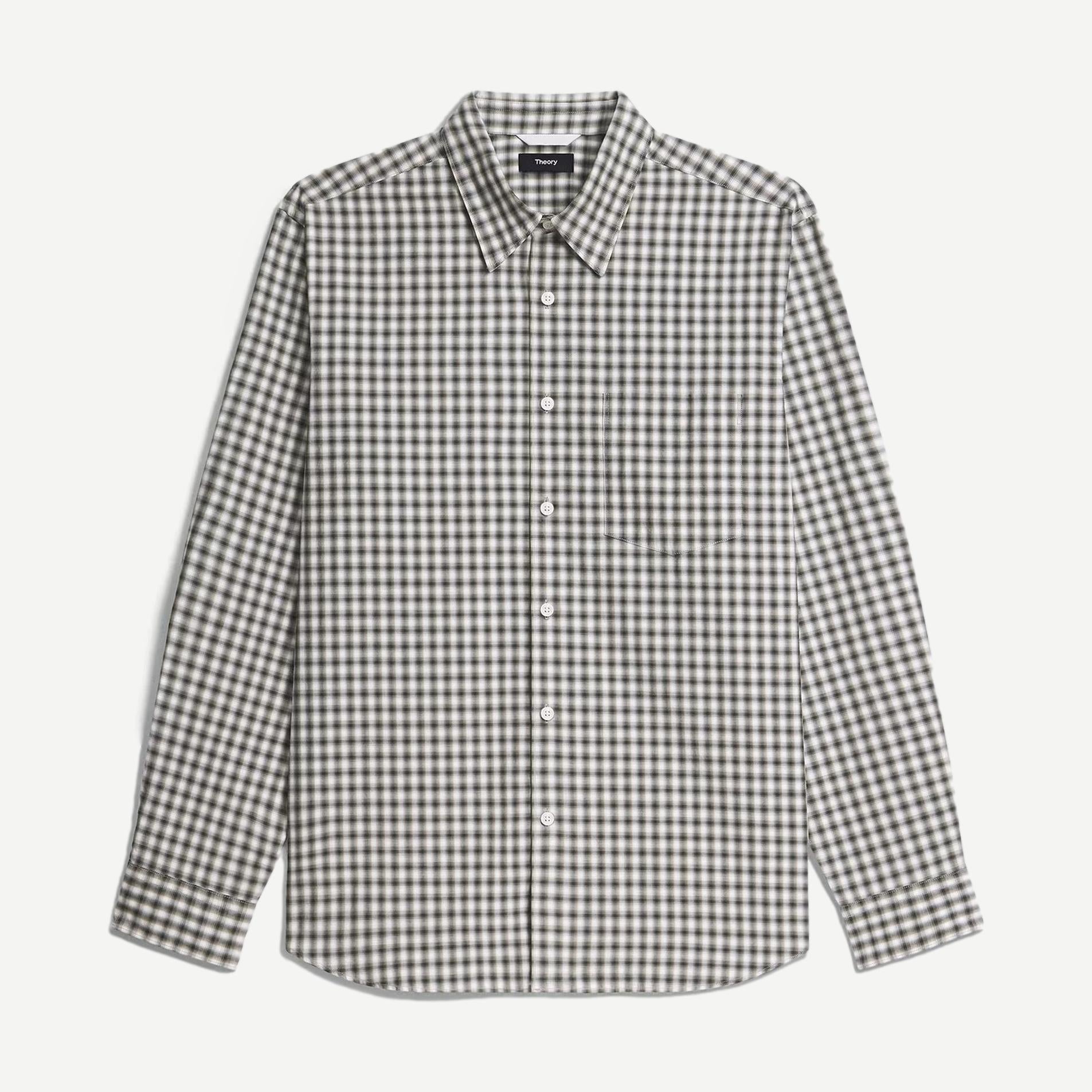 Theory Weekend Shirt in Ivy Multi Park Check with long sleeves, button front, and casual plaid pattern.