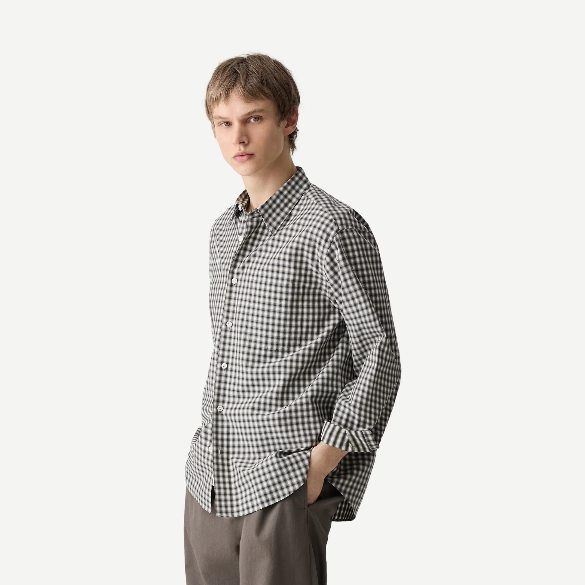 Theory Weekend Shirt in Park Check Ivy Multi, casual button-up shirt with green, blue, and white plaid pattern, relaxed fit.