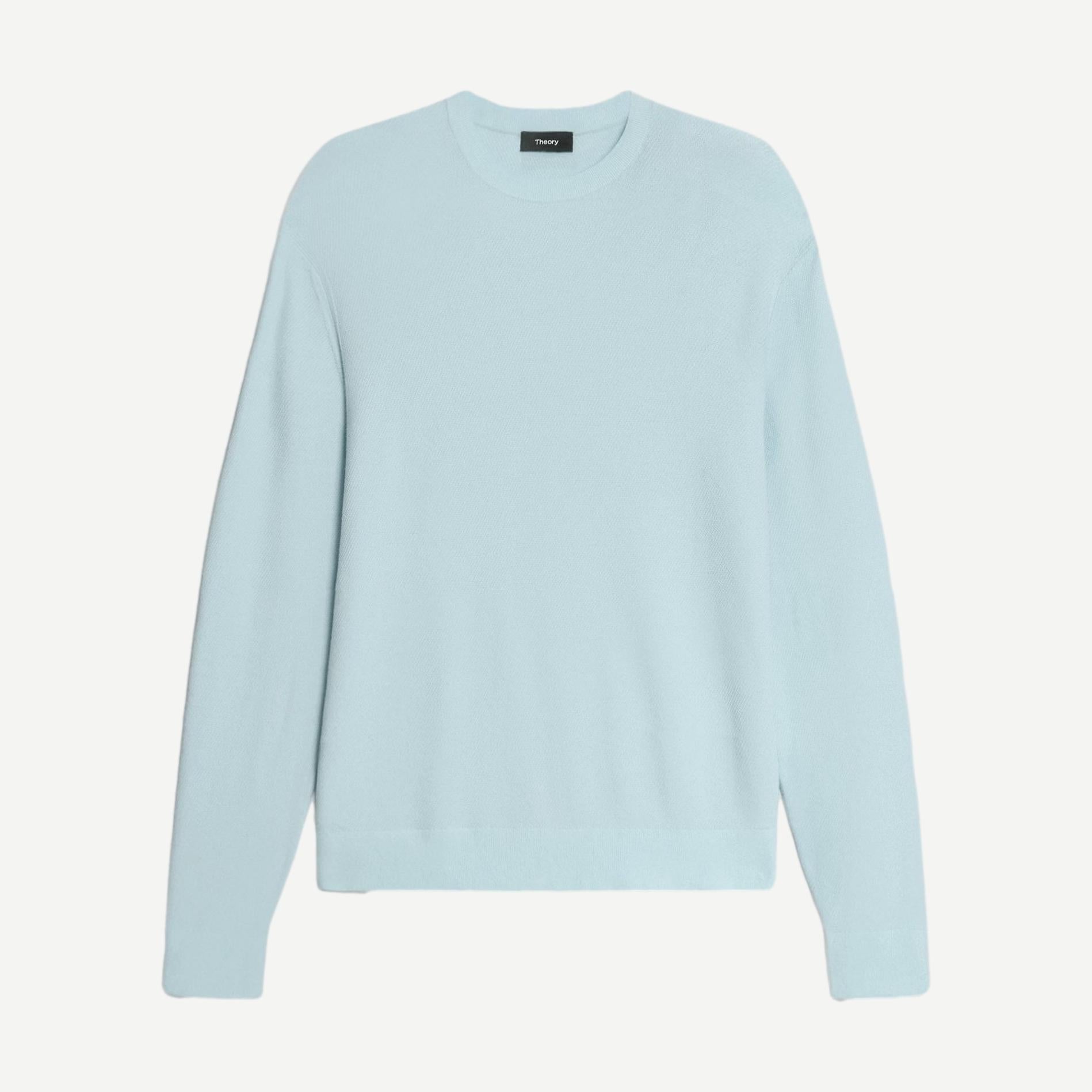 Theory Riland crewneck sweater in Light Ocean Air color, featuring a soft knit fabric and classic fit.