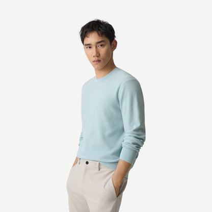 Theory Riland crewneck sweater in Light Ocean Air color, featuring soft knit fabric and classic fit.