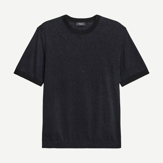 Black silk linen crewneck T-shirt by Theory, showcasing a relaxed fit and soft fabric texture.