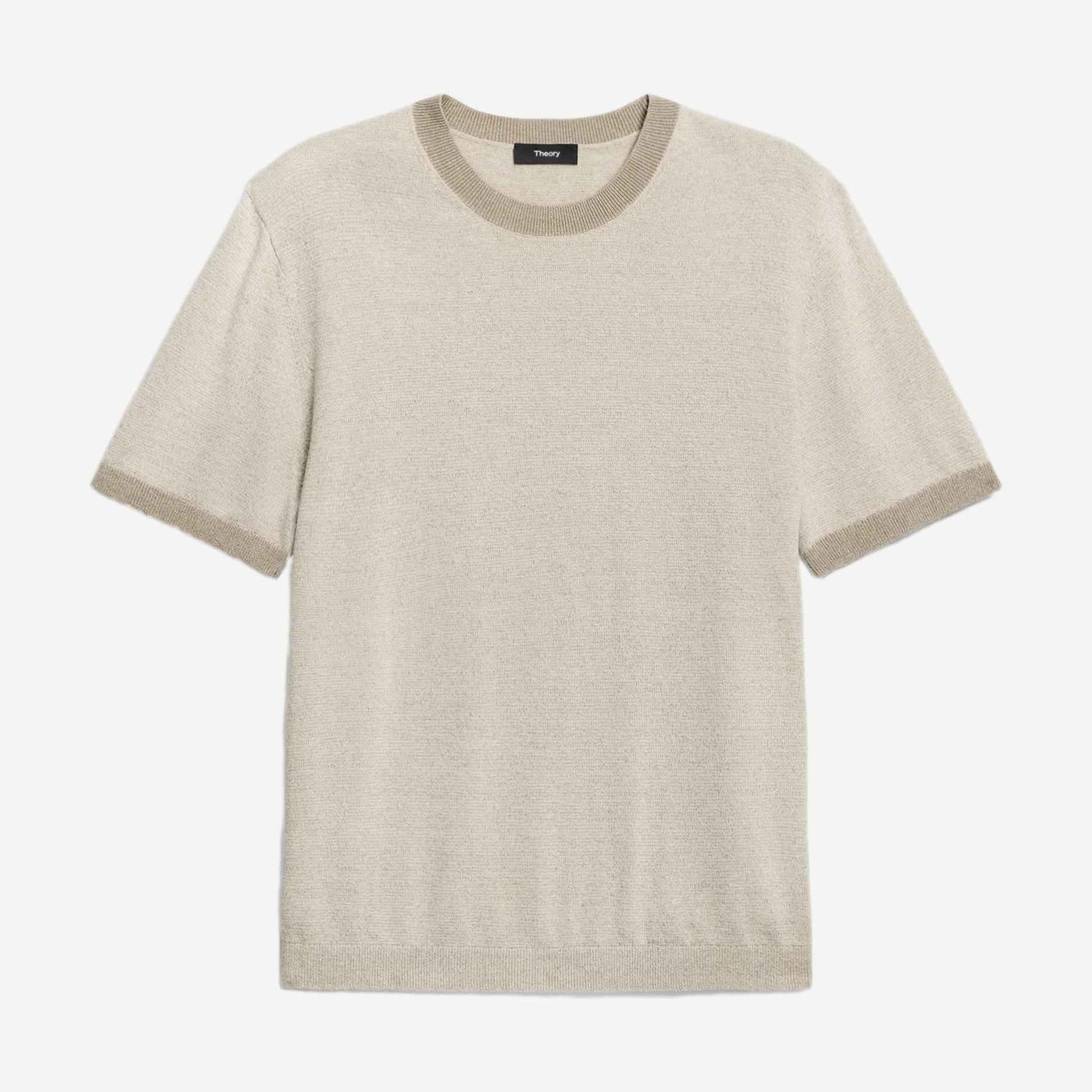 Silver Cloud crewneck silk linen T-shirt by Theory, showing a close-up of the soft, textured fabric and relaxed fit.