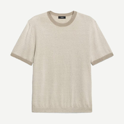 Silver Cloud crewneck silk linen T-shirt by Theory, showing a close-up of the soft, textured fabric and relaxed fit.