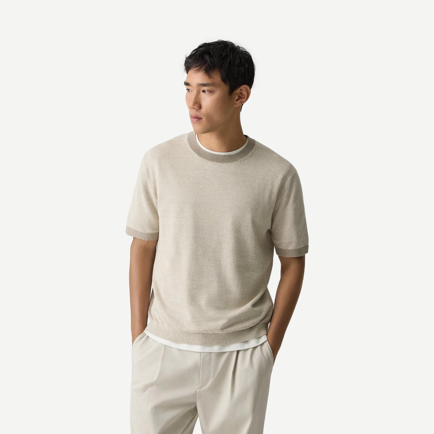 Theory crewneck tee in silk linen fabric featuring a silver cloud color, shown on a model.