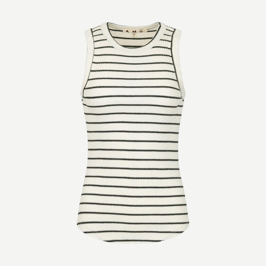 AMO Vera Tank in natural and black, sleeveless women's top with a relaxed fit, shown on a model against a neutral background.