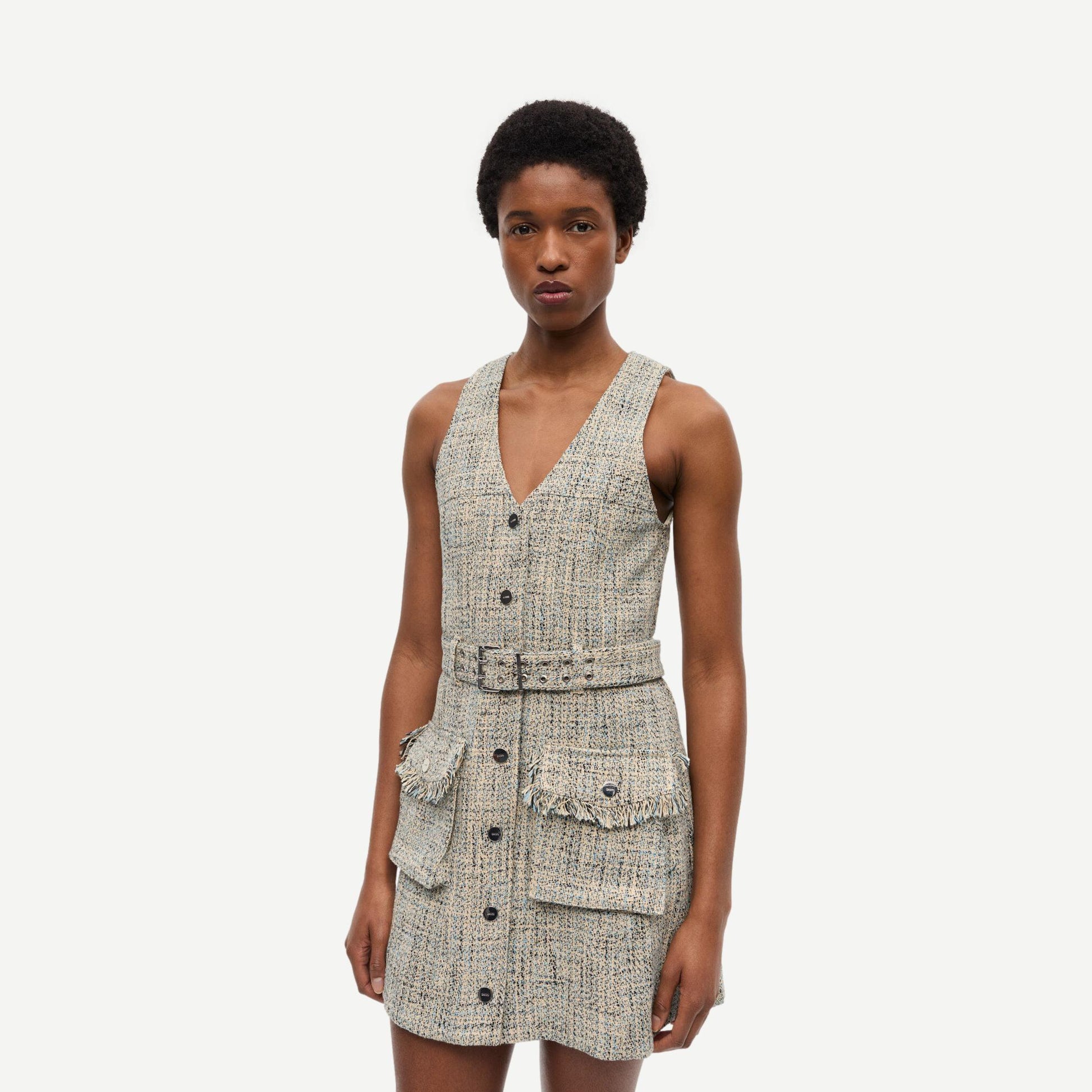 Summer Tweed Belt Mini Dress - Alaskan Blue - Galvanic.co