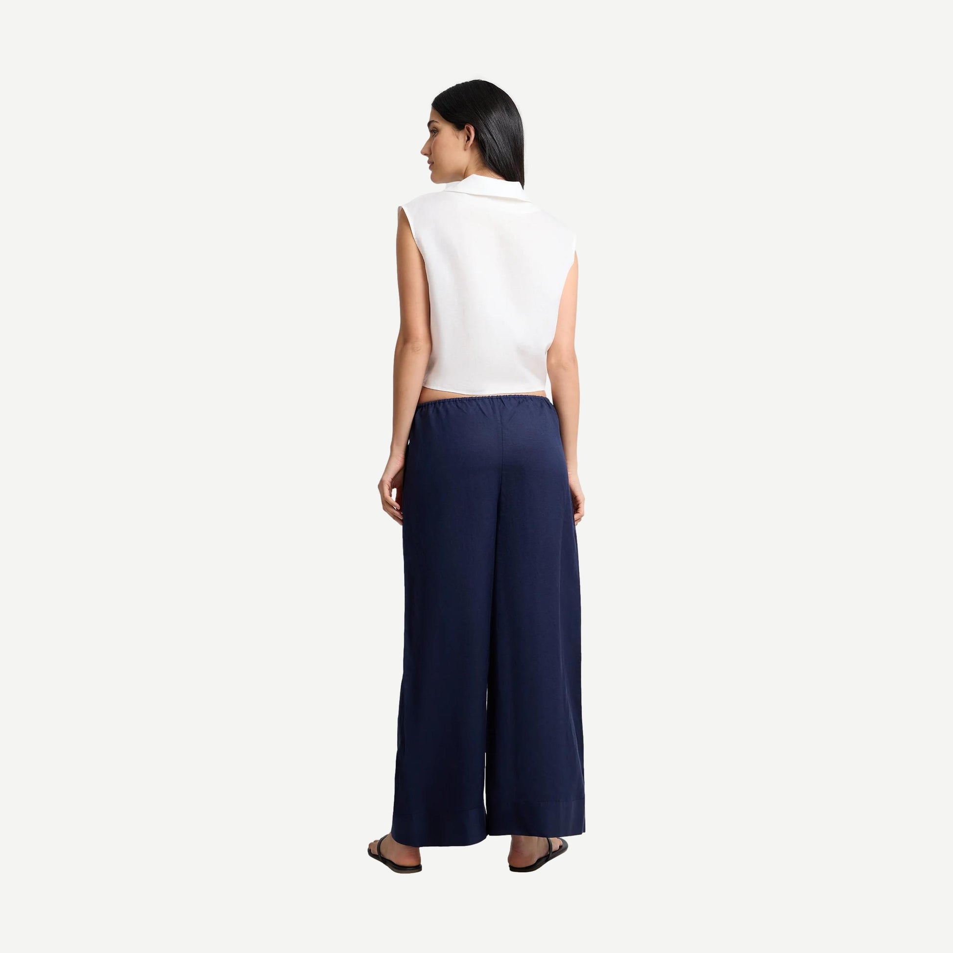 Air Linen Wide Leg Drawstring Pant - Noir Navy - Galvanic.co