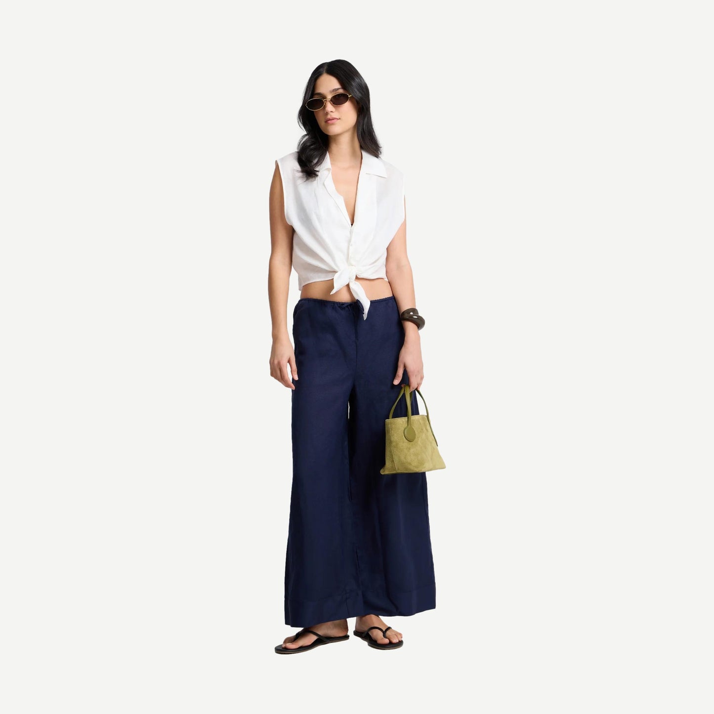 Air Linen Wide Leg Drawstring Pant - Noir Navy - Galvanic.co