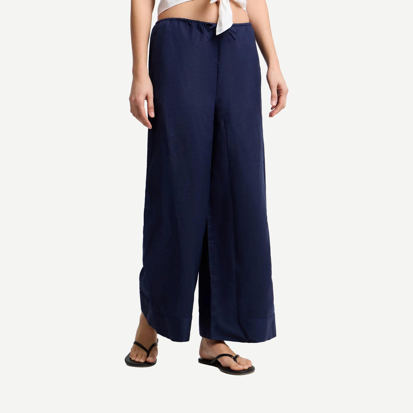 Air Linen Wide Leg Drawstring Pant - Noir Navy - Galvanic.co