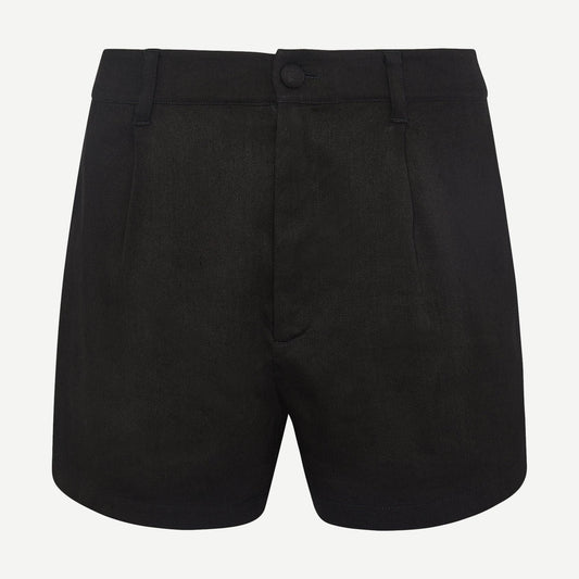 Black stretch linen shorts by Onia featuring a relaxed fit and lightweight fabric, perfect for warm weather.