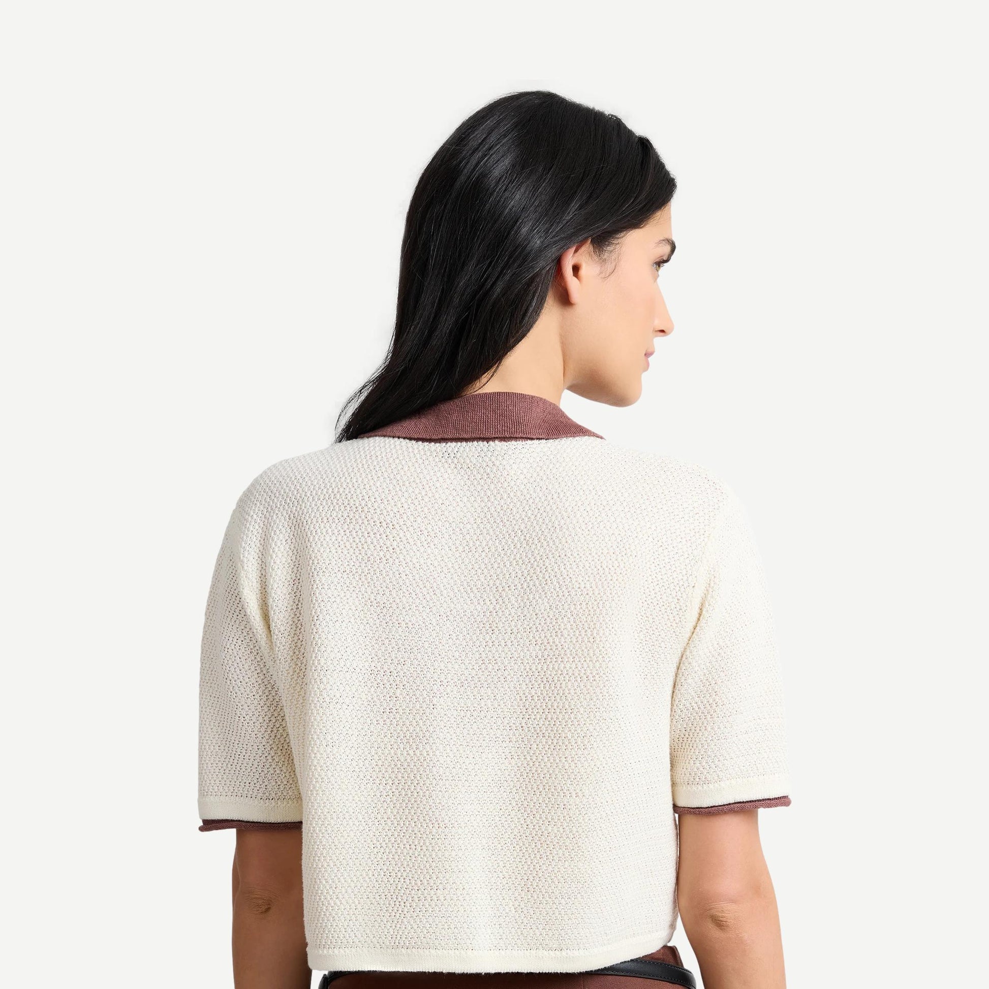 Cropped Knit Polo - Egret/Brown - Galvanic.co