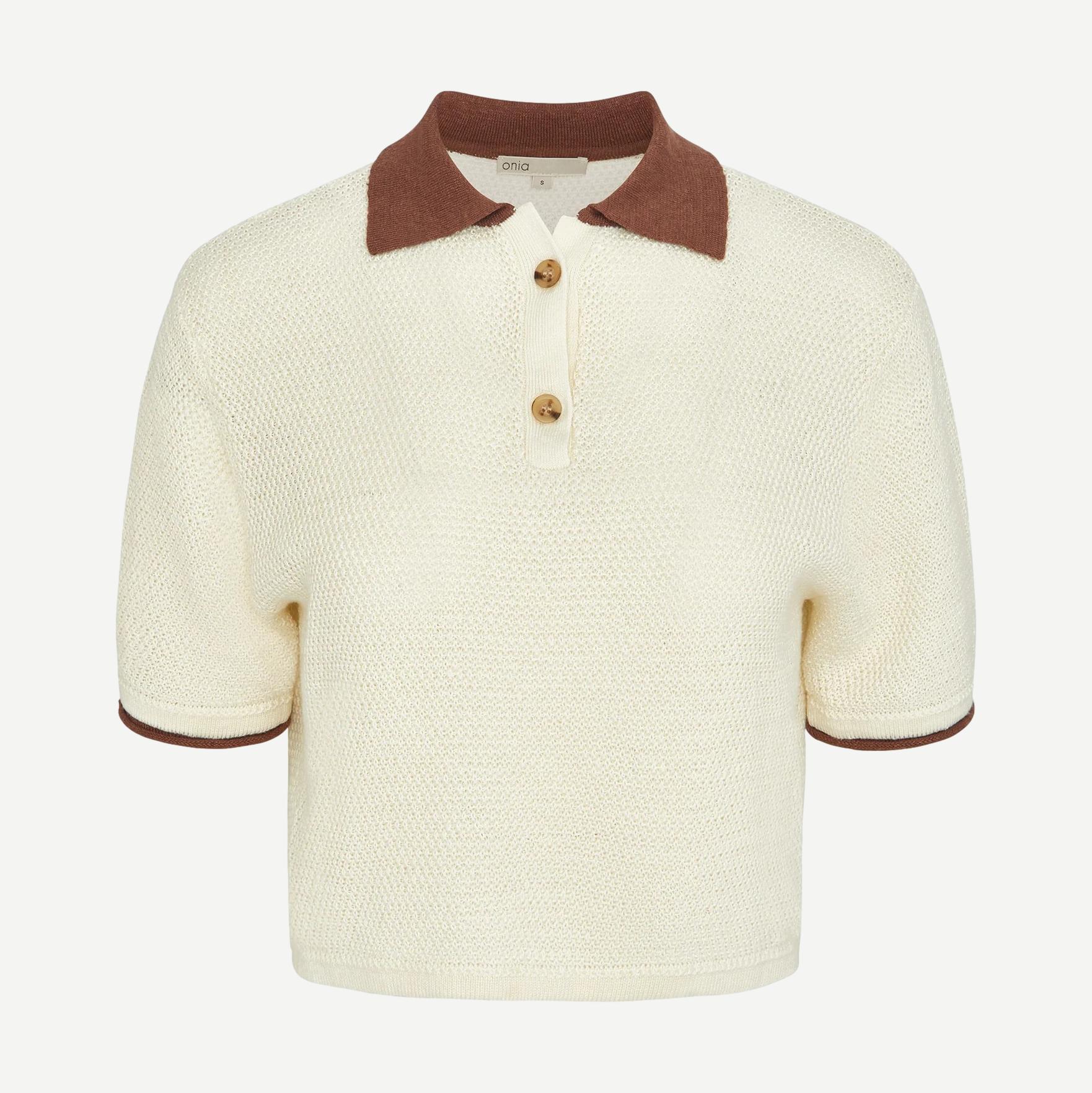 Cropped Knit Polo - Egret/Brown - Galvanic.co