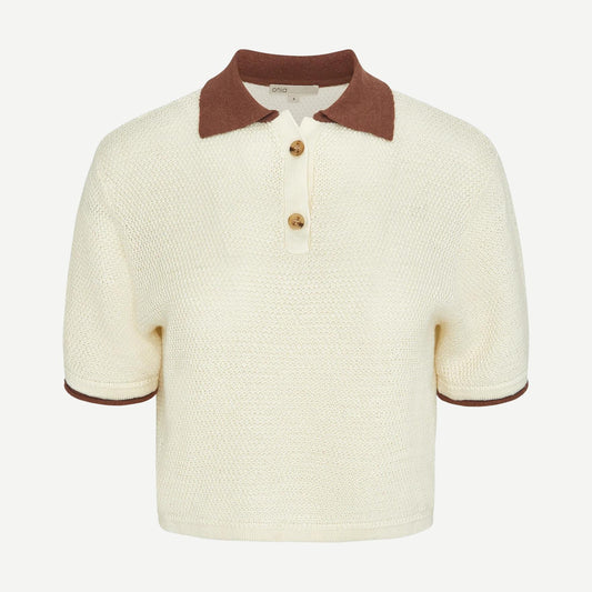 Onia cropped knit polo shirt in egret and brown featuring a collared design and short sleeves.