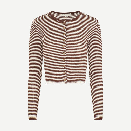Onia linen rib cardigan in brown and egret, featuring a textured knit design and button closure, styled on a model.