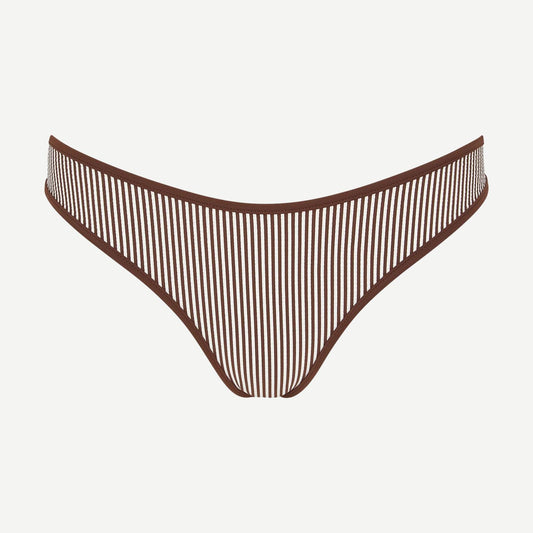 Onia Milly bikini bottom in brown and white, swimwear with a stylish, comfortable fit, shown on a model.