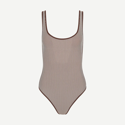 Onia Arya One Piece swimwear in brown and white, featuring a stylish design and full coverage, perfect for beach or pool.