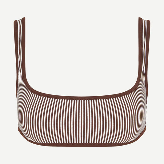 Onia Claire bikini top in brown and white with a classic swimwear design, featuring adjustable straps and a supportive fit.