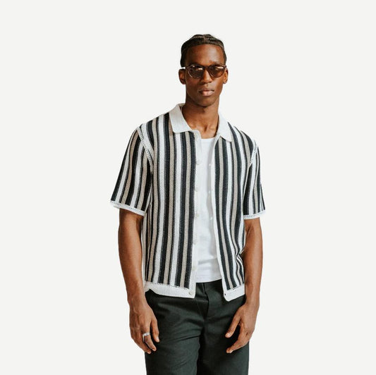 Ecru and black striped crochet polo shirt by Wax London, Porto SS collection, featuring a classic collar and short sleeves.