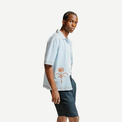 Keats SS Shirt Dahlia Embroidery - Light Blue/Rust - Galvanic.co
