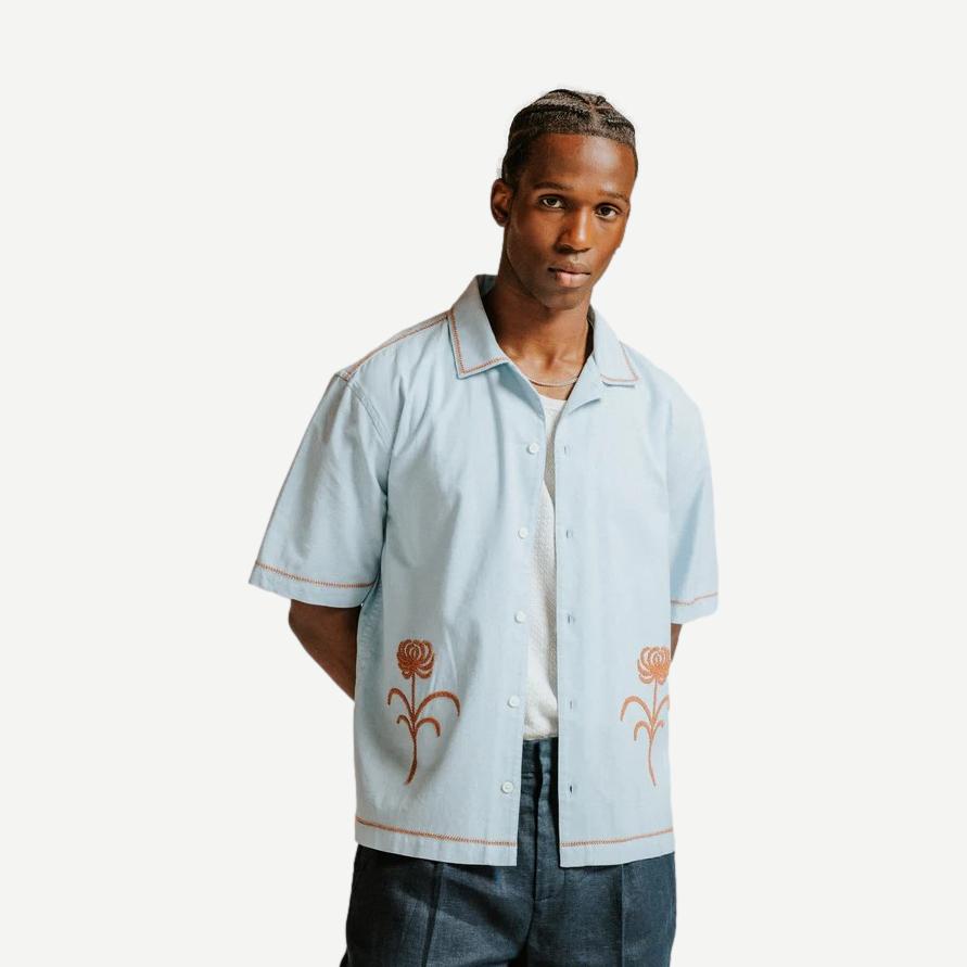 Keats SS Shirt Dahlia Embroidery - Light Blue/Rust - Galvanic.co