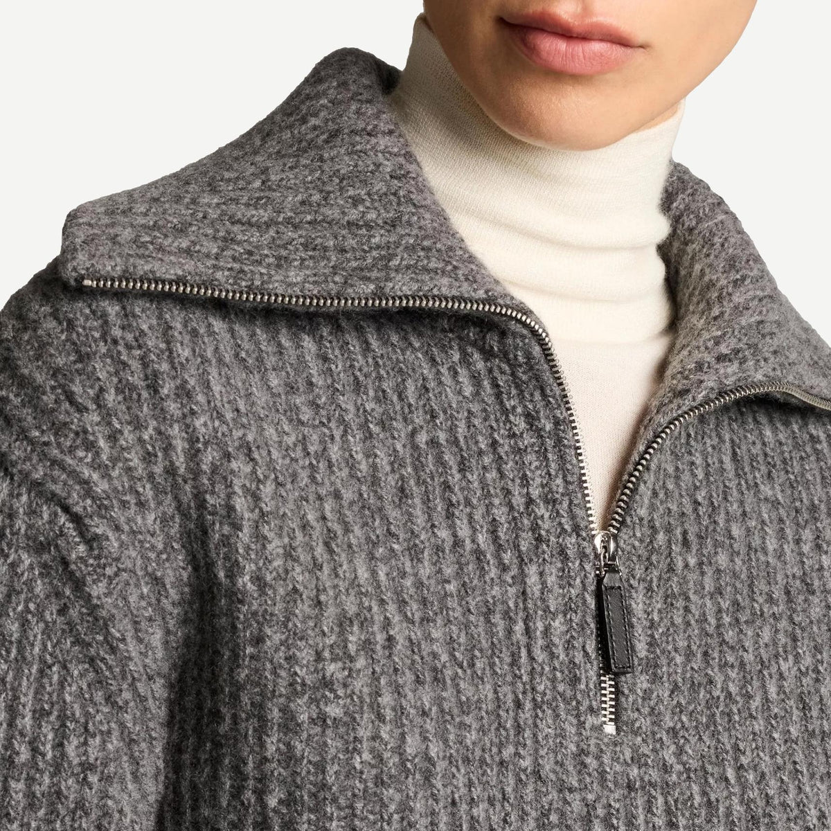 Cashmere Sailor Collar Quarter Zip Sweater - Heather Grey