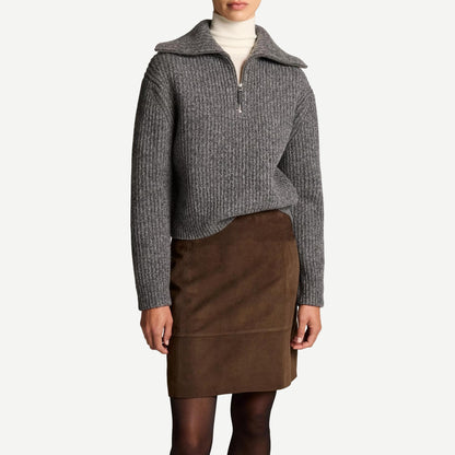 Cashmere Sailor Collar Quarter Zip Sweater - Heather Grey