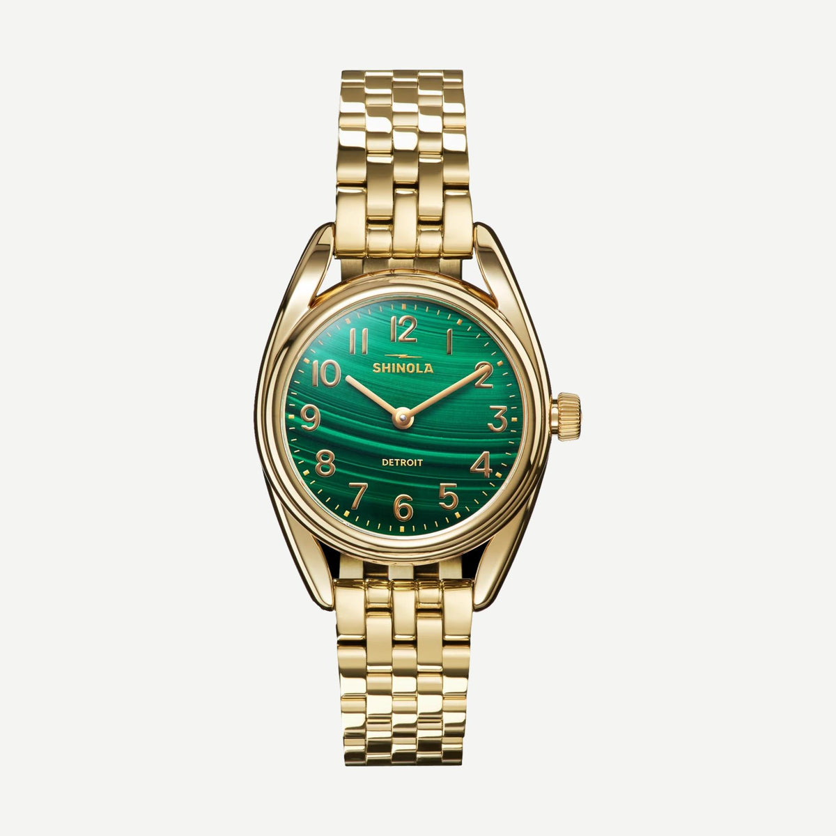 Shinola Derby 2H Gold 30.5mm watch with a malachite dial and gold-tone case