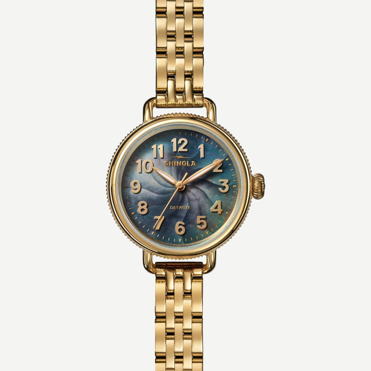 Shinola Birdy 31mm gold watch with gray mother-of-pearl dial