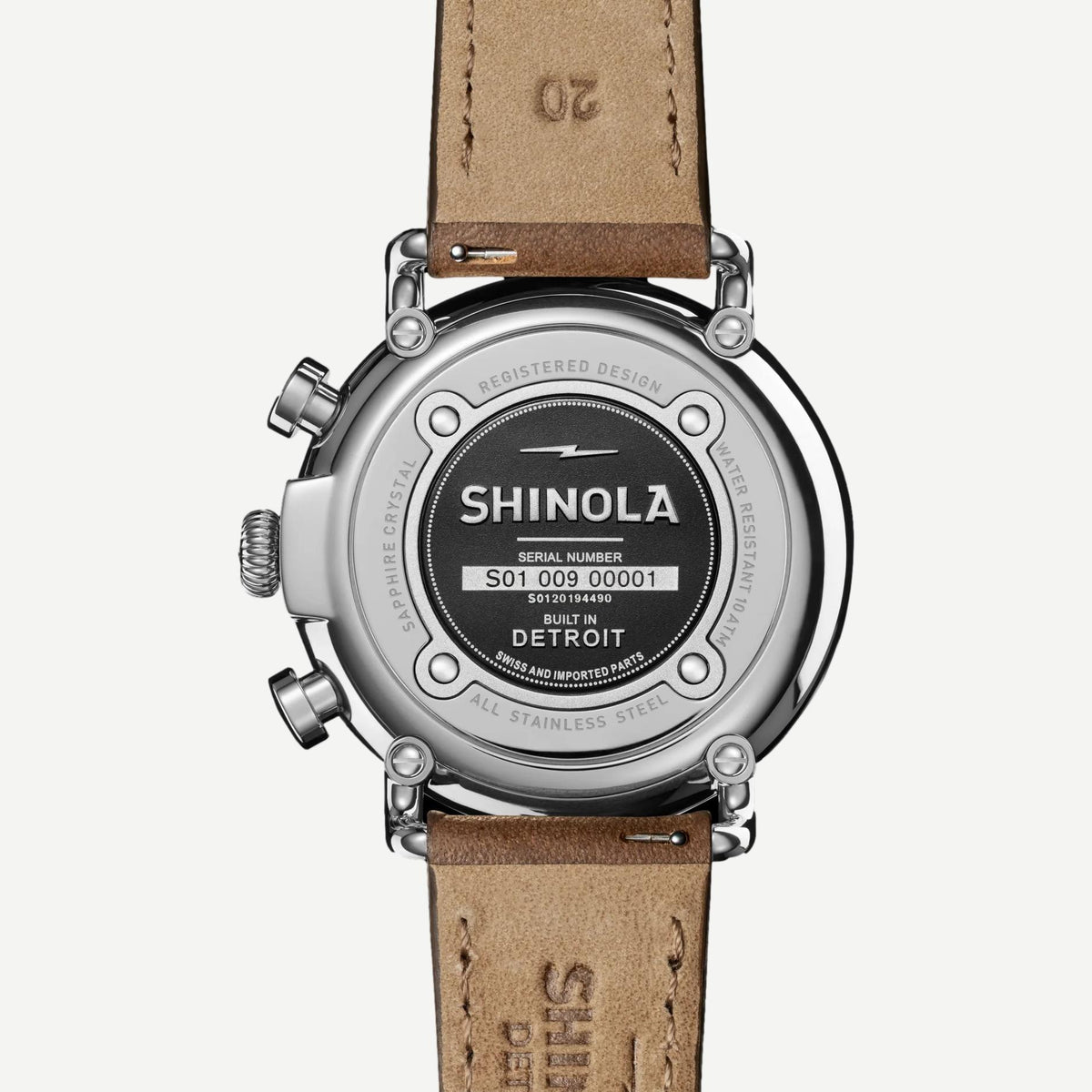 Shinola Runwell Chrono 41mm watch with British tan leather strap and midnight blue dial