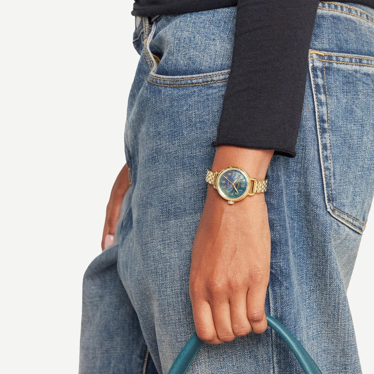 Shinola Birdy 31mm Gold watch with gray mother-of-pearl dial and gold-tone case