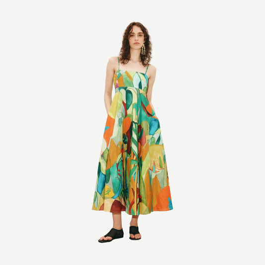 Alémais Mokshini Sundress in multi-color, lightweight midi dress with a relaxed fit, perfect for warm weather and outdoor wear.