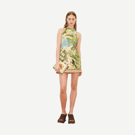 Alémais Toucan Tango Halter Mini Dress in colorful tropical print, featuring a halter neckline and lightweight fabric.