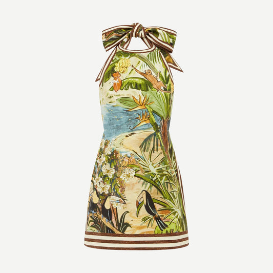 Alémais Toucan Tango Halter Mini Dress in vibrant multi colors, featuring a halter neckline and playful tropical print.