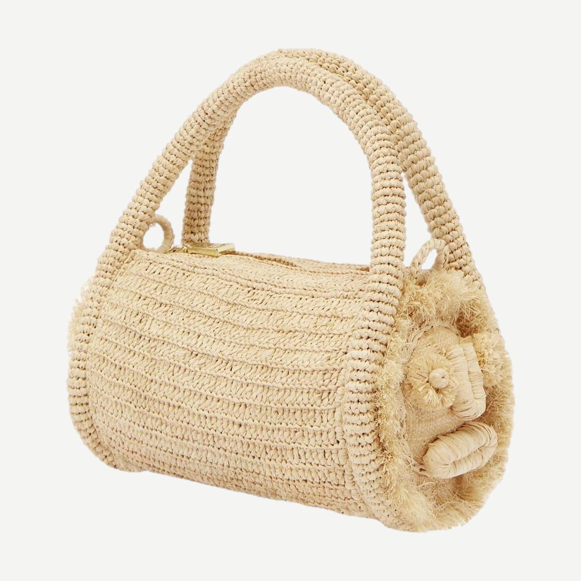 Alémais Sunlit Raffia Mini Barrel Bag in blonde with woven texture, small purse with top handle and natural finish.