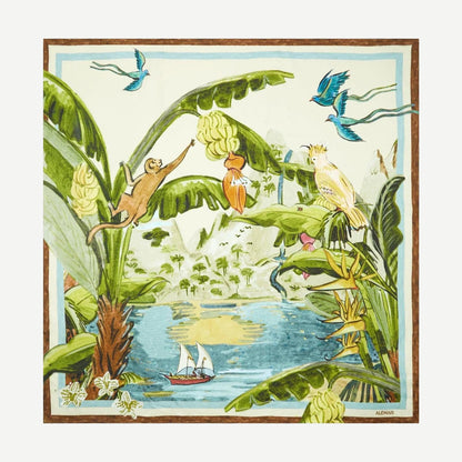 Alémais Toucan Tango silk scarf with vibrant multi-colored toucan and tropical pattern, lightweight and luxurious accessory.