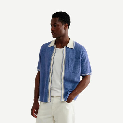 Belle SS Shirt Tipped Pointelle - Blue/Ecru - Galvanic.co