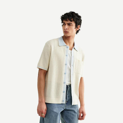 Belle SS Shirt Tipped Pointelle - Ecru/Pale Blue - Galvanic.co